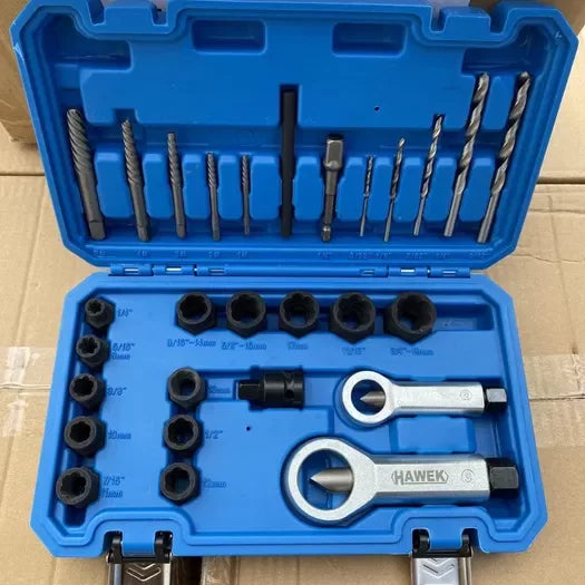 КОМПЛЕКТ ОТ ЕКСТРАКТОРИ, ГАЙКОЦЕП И ШПИЛКОВАДАЧИ 28 ЧАСТИ HAWEK