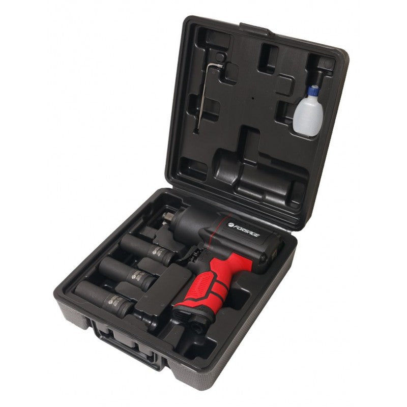 ПНЕВМАТИЧЕН ГАЙКОВЕРТ С КЪС ШПИНДЕЛ 1450 NМ 1/2″ С ВЛОЖКИ И КУФАР FORSAGE