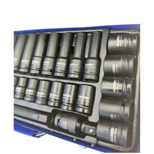 КОМПЛЕКТ С УДАРНИ ВЛОЖКИ 27 ЧАСТИ 1/2“ CR–V В МЕТАЛЕН КУФАР HAWEK