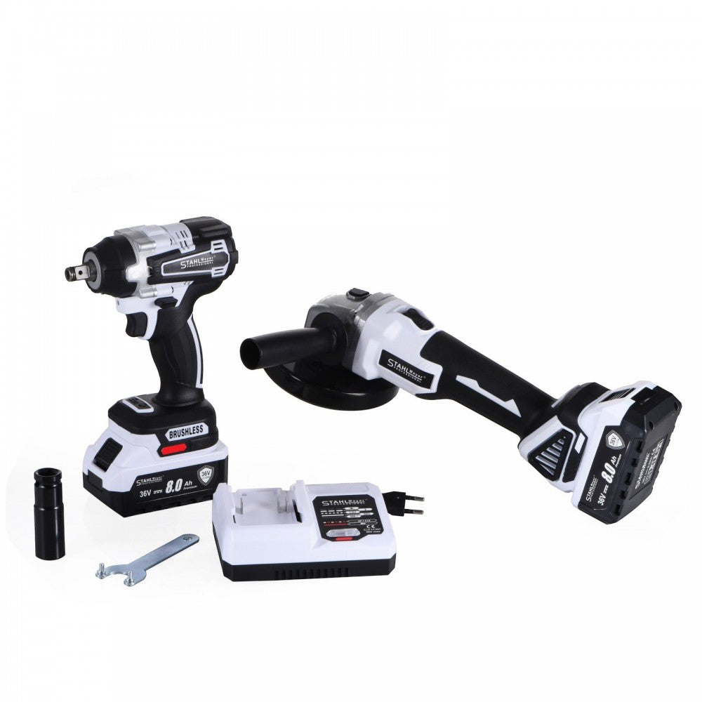 КОМПЛЕКТ ОТ АКУМУЛАТОРЕН ЪГЛОШЛАЙФ И КОМБИНИРАН ГАЙКОВЕРТ 36V 8AH STAHLMAYER PRO