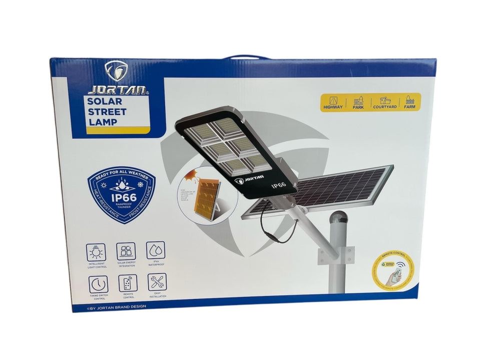 Улична соларна лампа Jortan със соларен панел и стойка, 400W, IP66, 12-16 часа автономия, Соларен панел 28W, Батерия 30 000mAh, 6500K, Черен