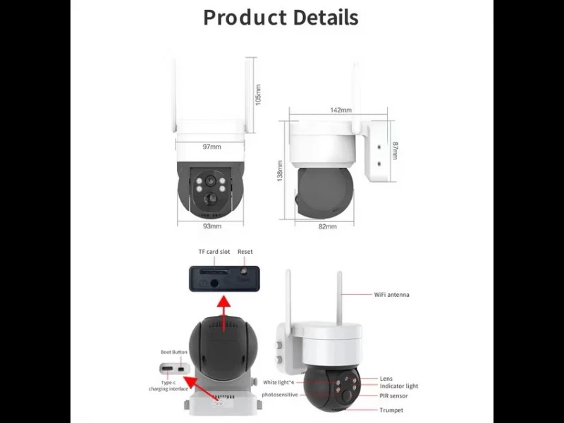 Соларна WIFI камера със соларен панел PTZ 360, 1080P, Full HD, цветно Hощно Bиждане