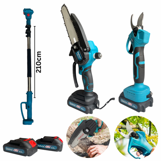 3в1 Акумулаторна лозарска ножица и трион с телескопичен прът 36V 8Ah Dotvix – електрическа резачка и ножица за лозя и дървета