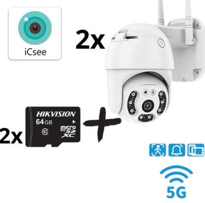 2бр. IP въртяща безжична камера Privine 5MPX- 4+4LED + 2бр. SD карта 64gb iCsee