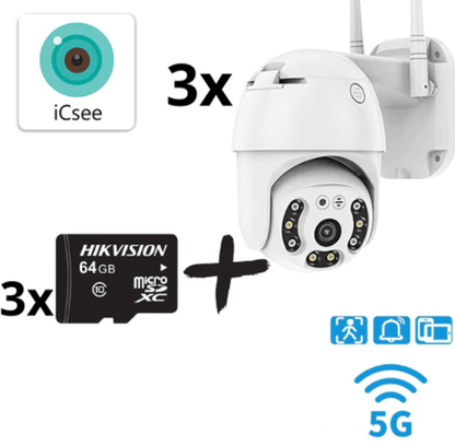 3бр. IP въртяща безжична камера Privine 5MPX- 4+4LED + 3бр. SD карта 64gb iCsee