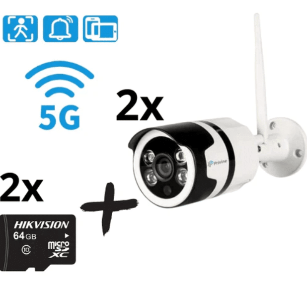 2бр. Безжична камера Privine със звук и запис в нея на SD карта + 2бр SD карта памет 64ГБ