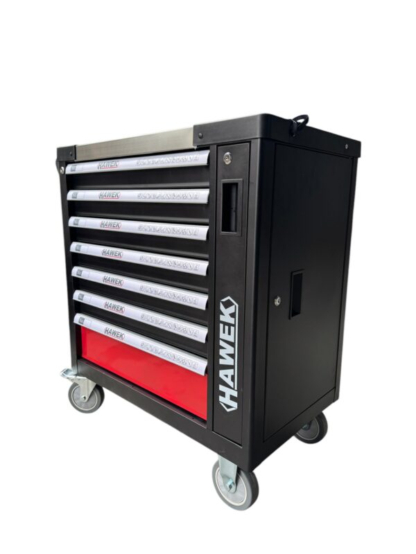 ПРАЗЕН ШКАФ ЗА ИНСТРУМЕНТИ С 7 ЧЕКМЕДЖЕТА, МЕТАЛЕН ПЛОТ И ОТДЕЛЕНИЕ ЗА ЗАКАЧАНЕ НА ИНСТРУМЕНТИ HAWEK