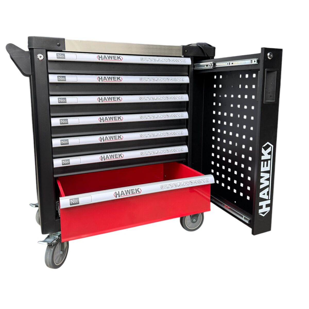 ПРАЗЕН ШКАФ ЗА ИНСТРУМЕНТИ С 7 ЧЕКМЕДЖЕТА, МЕТАЛЕН ПЛОТ И ОТДЕЛЕНИЕ ЗА ЗАКАЧАНЕ НА ИНСТРУМЕНТИ HAWEK