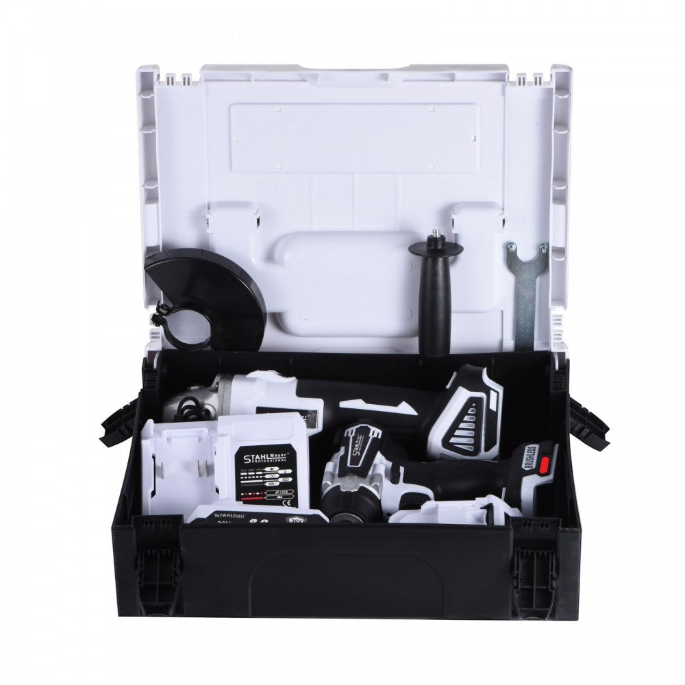 КОМПЛЕКТ ОТ АКУМУЛАТОРЕН ЪГЛОШЛАЙФ И КОМБИНИРАН ГАЙКОВЕРТ 36V 8AH STAHLMAYER PRO