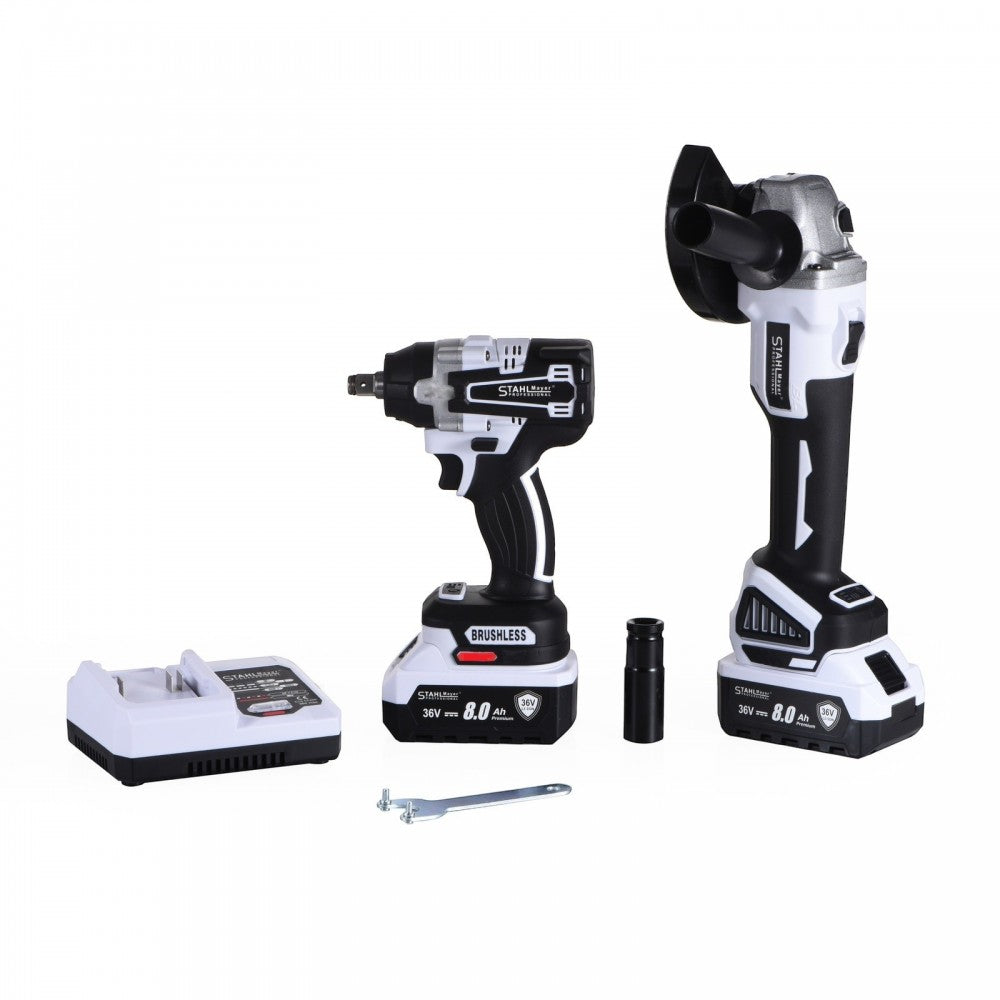 КОМПЛЕКТ ОТ АКУМУЛАТОРЕН ЪГЛОШЛАЙФ И КОМБИНИРАН ГАЙКОВЕРТ 36V 8AH STAHLMAYER PRO