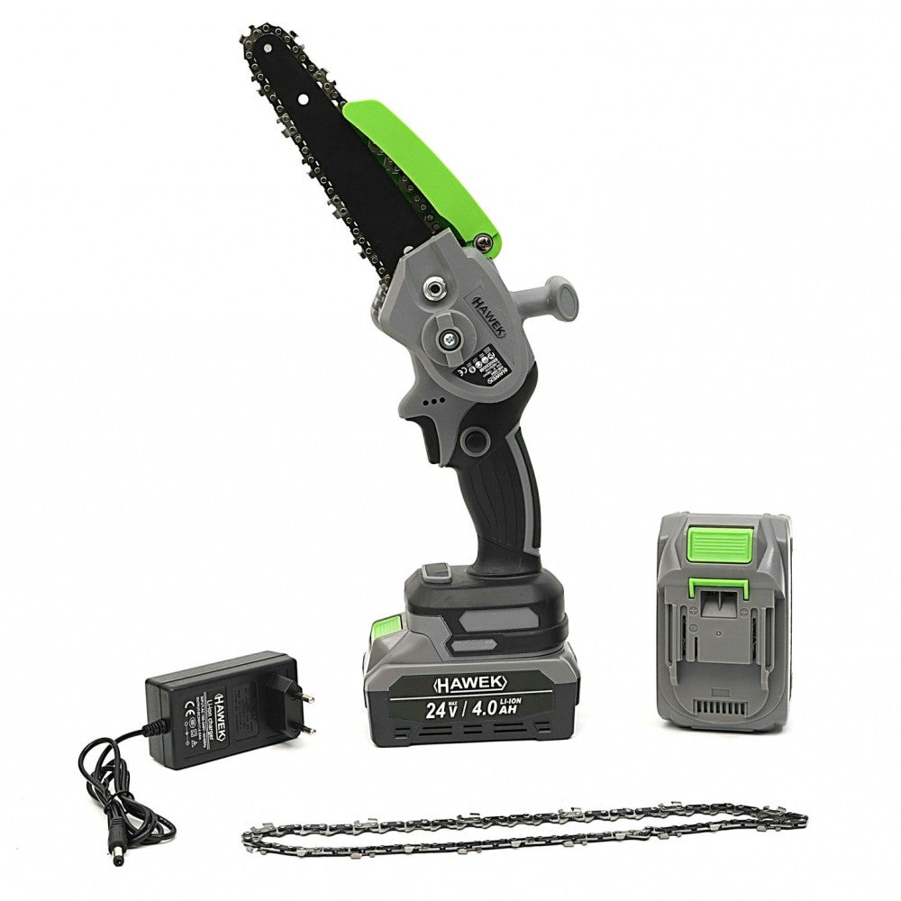 Комплект от акумулаторна лозарска ножица и акумулаторен мини верижен трион с 15 см шина 24V 4Ah HAWEK