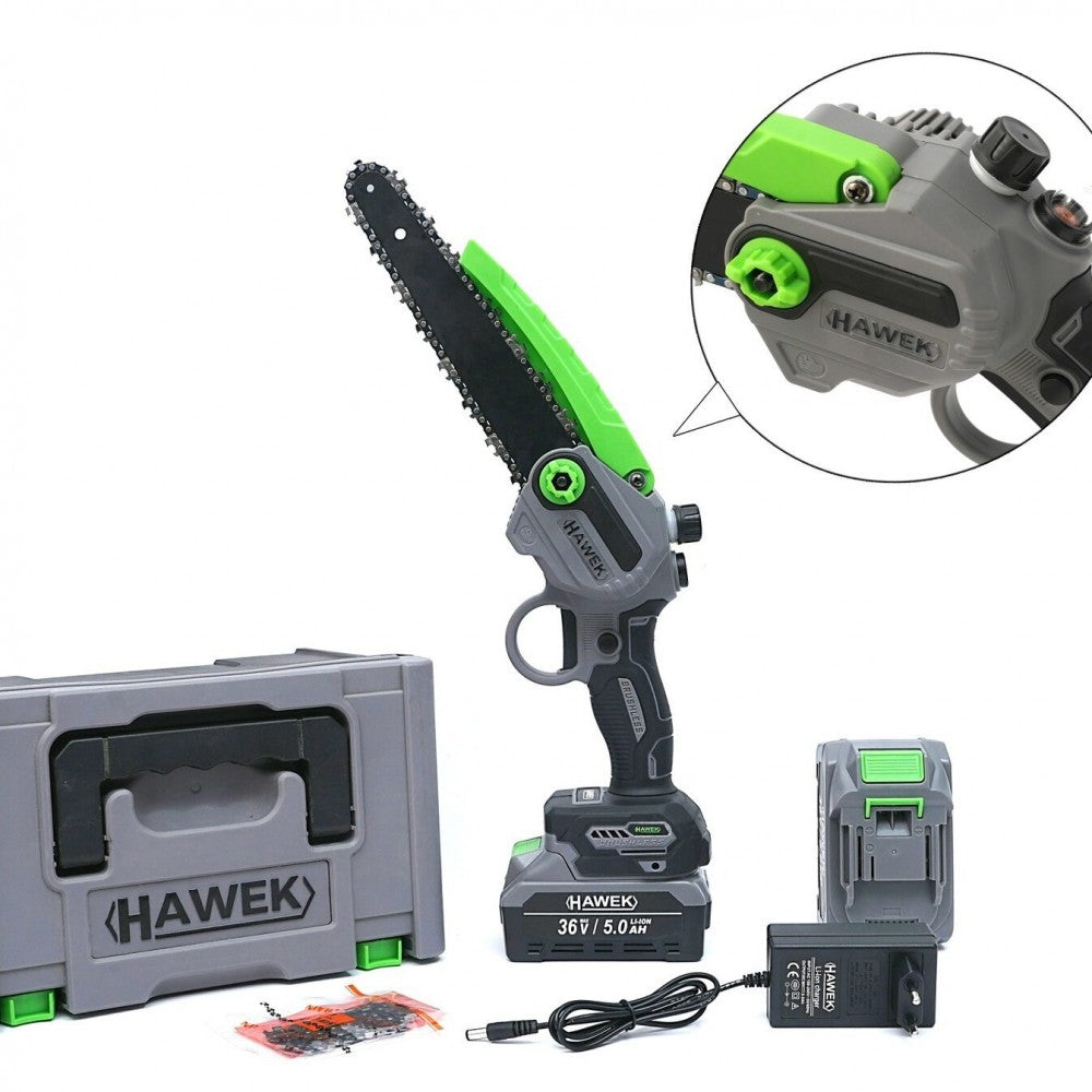 Акумулаторен мини верижен трион с автоматично смазване на веригата 36V 5Ah + допълнителна верига HAWEK
