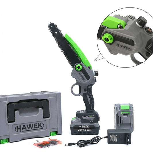 Акумулаторен мини верижен трион с автоматично смазване на веригата 36V 5Ah + допълнителна верига HAWEK