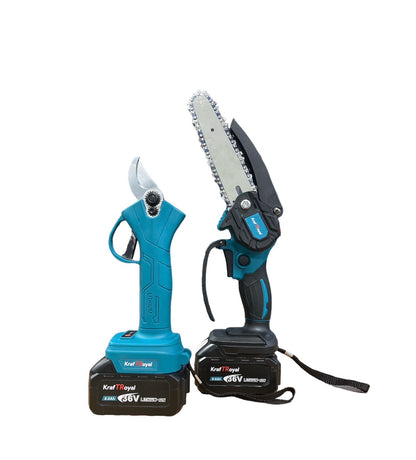 Комплект от акумулаторна лозарска ножица и акумулаторен мини верижен трион с 15 см шина KraftRoyal