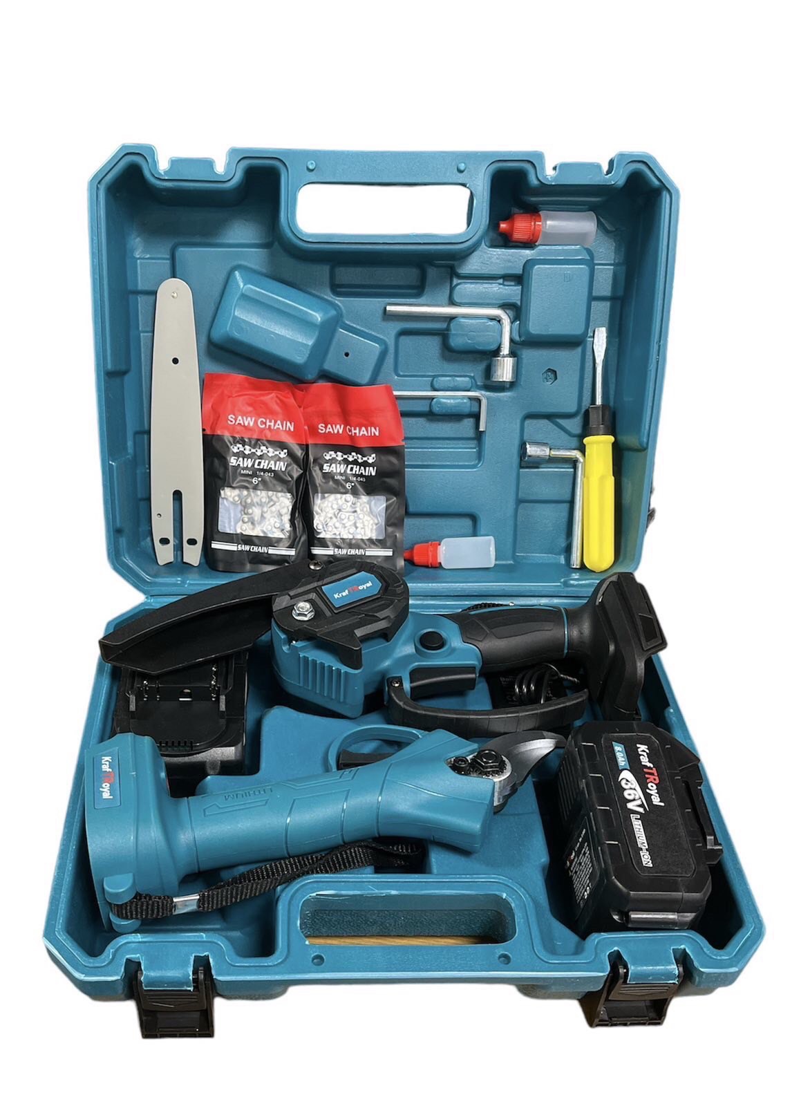 Комплект от акумулаторна лозарска ножица и акумулаторен мини верижен трион с 15 см шина KraftRoyal