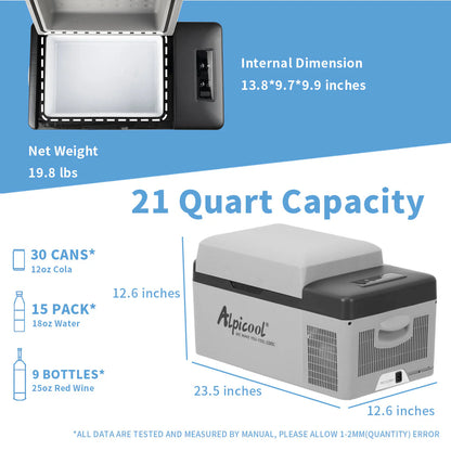 AlpiCool 20L Портативен Компресорен хладилник 20 литра 12V 24V 220V, Хладилна Кутия, Фризер