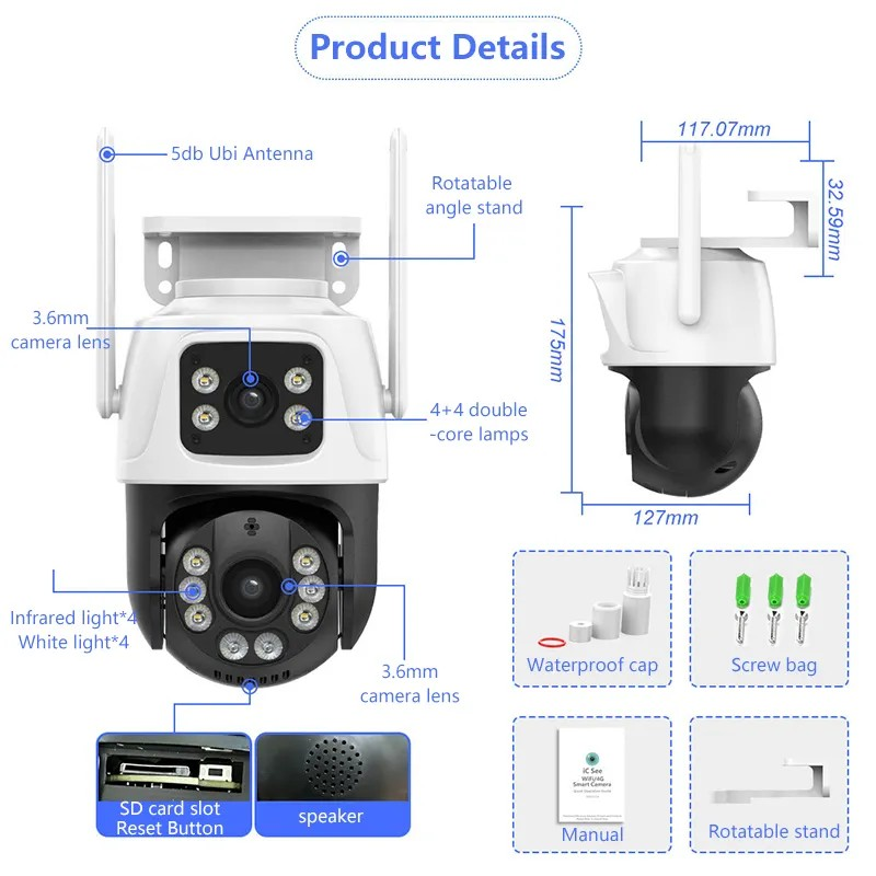 Двойна водоустойчивеа камера 12MP, ICSee, Бяла/Черна