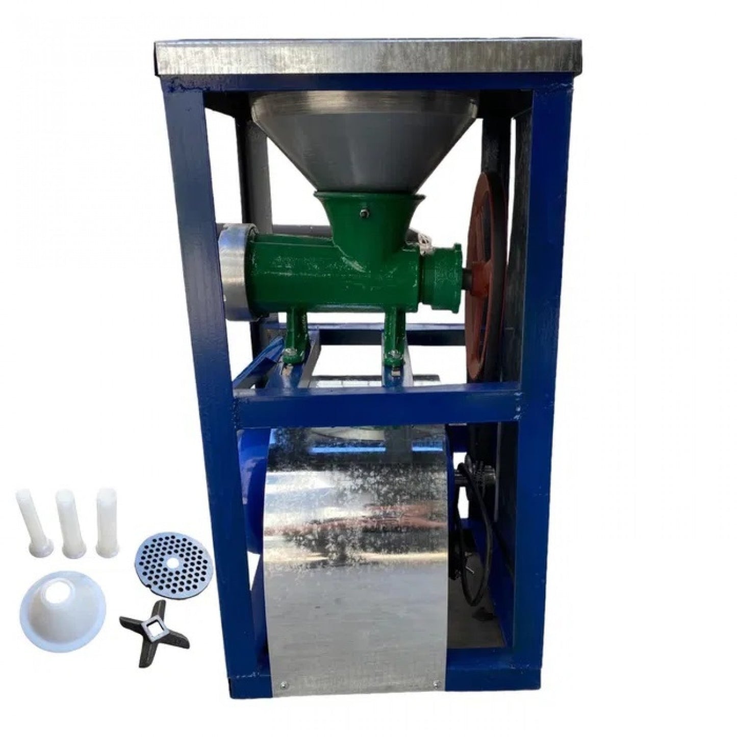 ЧУГУНЕНА МЕСОМЕЛАЧКА №32 С ЕЛЕКТРОМОТОР, СТОЙКА, МЕТАЛНА ФУНИЯ И ПЛОТ