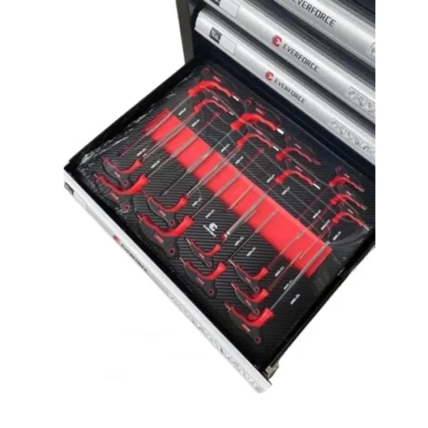 ШКАФ С ИНСТРУМЕНТИ СЪС 7 ПЪЛНИ ЧЕКМЕДЖЕТА, МЕТАЛЕН ПЛОТ И ОТДЕЛЕНИЕ ЗА ЗАКАЧАНЕ НА ИНСТРУМЕНТИ EVERFORCE