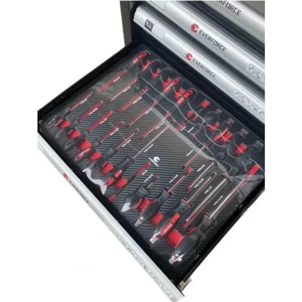 ШКАФ С ИНСТРУМЕНТИ СЪС 7 ПЪЛНИ ЧЕКМЕДЖЕТА, МЕТАЛЕН ПЛОТ И ОТДЕЛЕНИЕ ЗА ЗАКАЧАНЕ НА ИНСТРУМЕНТИ EVERFORCE