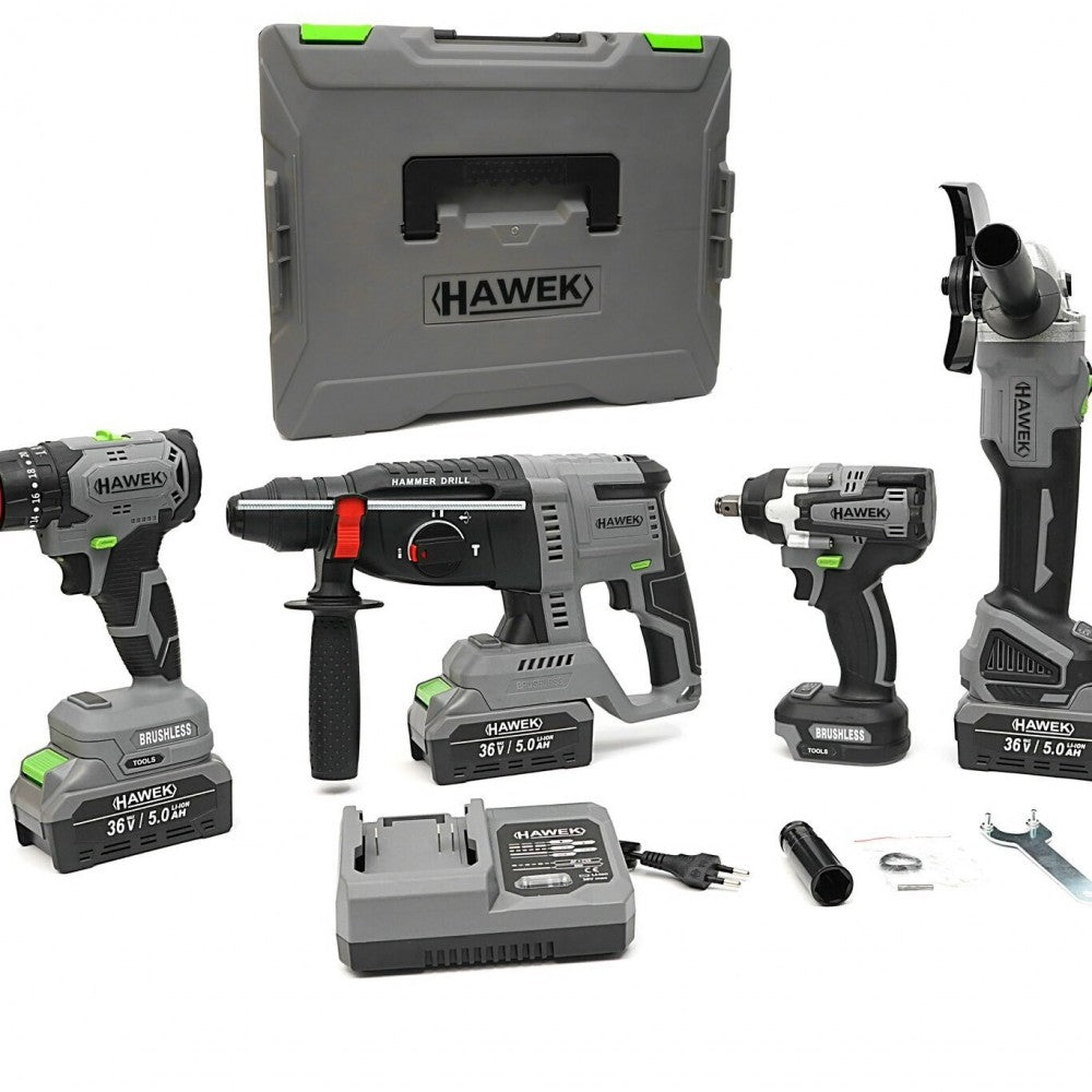 КОМПЛЕКТ ОТ АКУМУЛАТОРЕН ПЕРФОРАТОР, ЪГЛОШЛАЙФ 125 ММ, ГАЙКОВЕРТ И ВИНТОВЕРТ 36V С 3 БРОЯ БАТЕРИИ 5AH В КУФАР И ЗАРЯДНО HAWEK