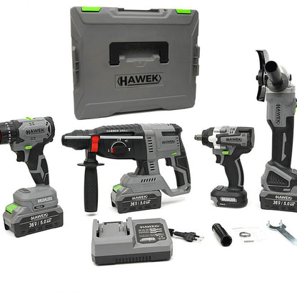 КОМПЛЕКТ ОТ АКУМУЛАТОРЕН ПЕРФОРАТОР, ЪГЛОШЛАЙФ 125 ММ, ГАЙКОВЕРТ И ВИНТОВЕРТ 36V С 3 БРОЯ БАТЕРИИ 5AH В КУФАР И ЗАРЯДНО HAWEK