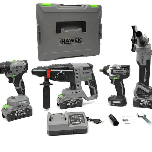 КОМПЛЕКТ ОТ АКУМУЛАТОРЕН ПЕРФОРАТОР, ЪГЛОШЛАЙФ 125 ММ, ГАЙКОВЕРТ И ВИНТОВЕРТ 36V С 3 БРОЯ БАТЕРИИ 5AH В КУФАР И ЗАРЯДНО HAWEK