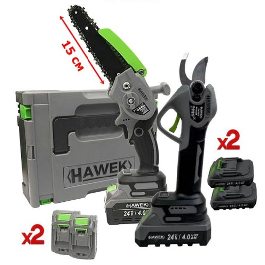 Комплект от акумулаторна лозарска ножица и акумулаторен мини верижен трион с 15 см шина 24V 4Ah HAWEK