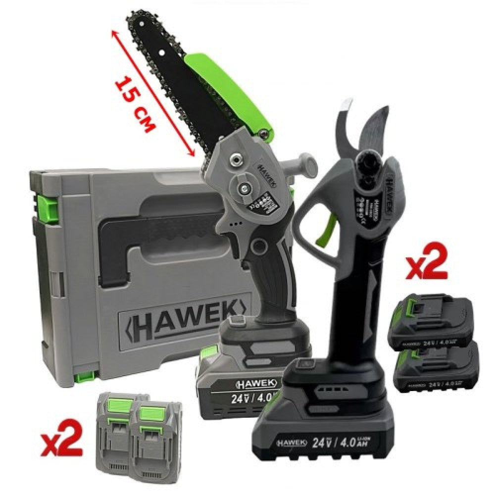 Комплект от акумулаторна лозарска ножица и акумулаторен мини верижен трион с 15 см шина 24V 4Ah HAWEK