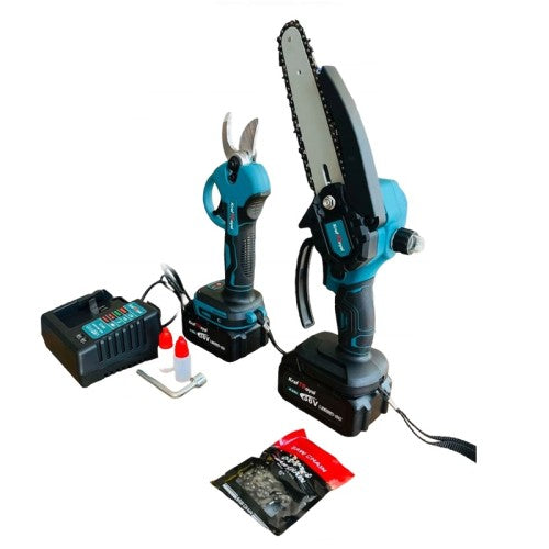 Комплект от акумулаторна лозарска ножица и акумулаторен мини верижен трион с 15 см шина и 2 вериги KraftRoyal