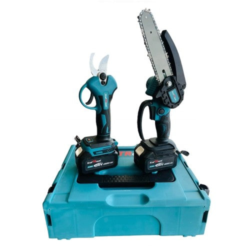 Комплект от акумулаторна лозарска ножица и акумулаторен мини верижен трион с 15 см шина и 2 вериги KraftRoyal