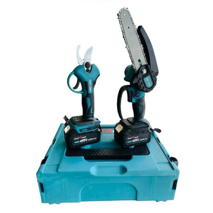 Комплект от акумулаторна лозарска ножица и акумулаторен мини верижен трион с 15 см шина и 2 вериги KraftRoyal