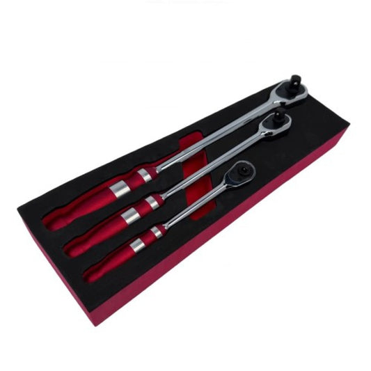 Комплект удължени, усилени тресчотки с плоска глава и функция за обръщане 3 части 1/4", 3/8" и 1/2" KraftWelle