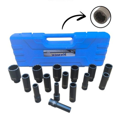 Комплект ударни вложки 1/2″ удължени 12-стенни (10 – 32 мм) 15 части HAWEK