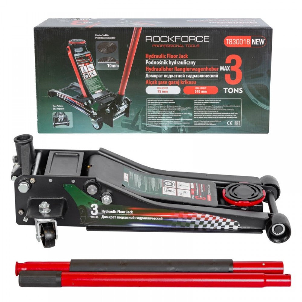 Професионален нископрофилен крик крокодил 3 тона с 2 помпи, RockForce, 75-510мм