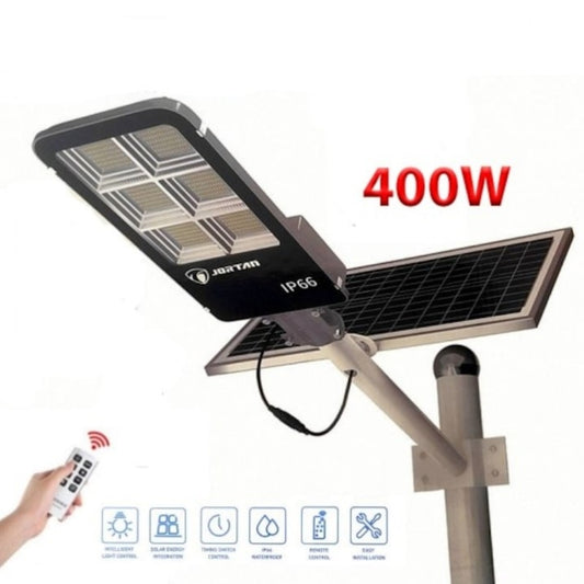 Улична соларна лампа Jortan със соларен панел и стойка, 400W, IP66, 12-16 часа автономия, Соларен панел 28W, Батерия 30 000mAh, 6500K, Черен