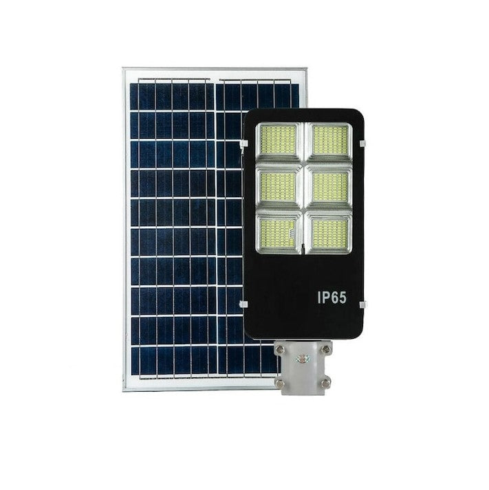 Улична соларна лампа Jortan със соларен панел и стойка, 400W, IP66, 12-16 часа автономия, Соларен панел 28W, Батерия 30 000mAh, 6500K, Черен