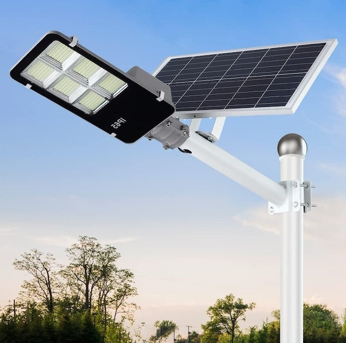 Улична соларна лампа Jortan със соларен панел и стойка, 400W, IP66, 12-16 часа автономия, Соларен панел 28W, Батерия 30 000mAh, 6500K, Черен