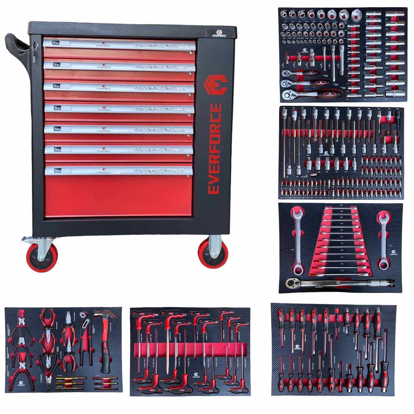 ШКАФ С ИНСТРУМЕНТИ СЪС 7 ЧЕКМЕДЖЕТА – 6 ПЪЛНИ И ОТДЕЛЕНИЕ ЗА ЗАКАЧАНЕ НА ИНСТРУМЕНТИ EVERFORCE