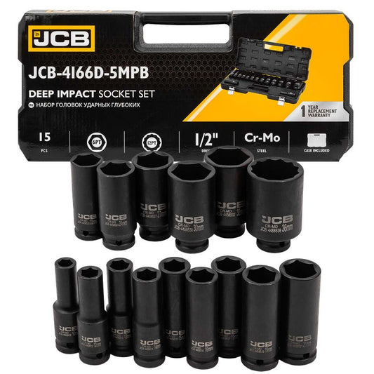 КОМПЕКТ ДЪЛБОКИ УДАРНИ ВЛОЖКИ 6-СТЕННИ 1/2″ (10 – 36 мм) 15 ЧАСТИ JCB