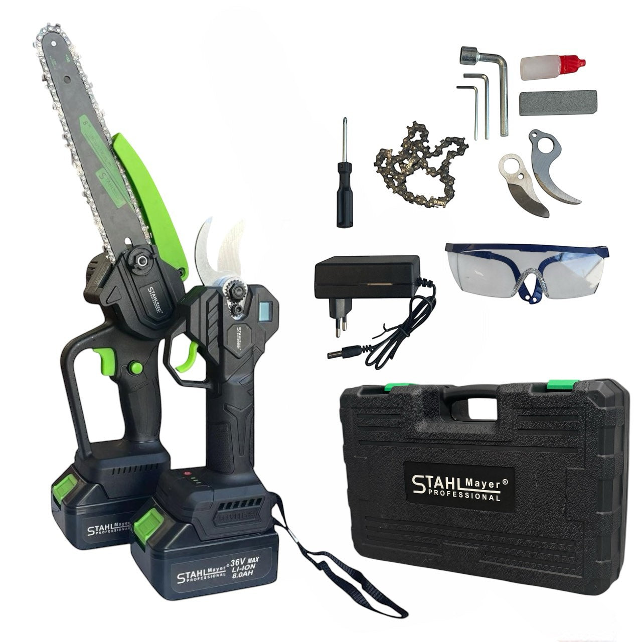 3в1 Акумулаторна Лозарска Ножица и Трион с Омасляване и телескопичен прът 36V 8AH STAHLMAYER